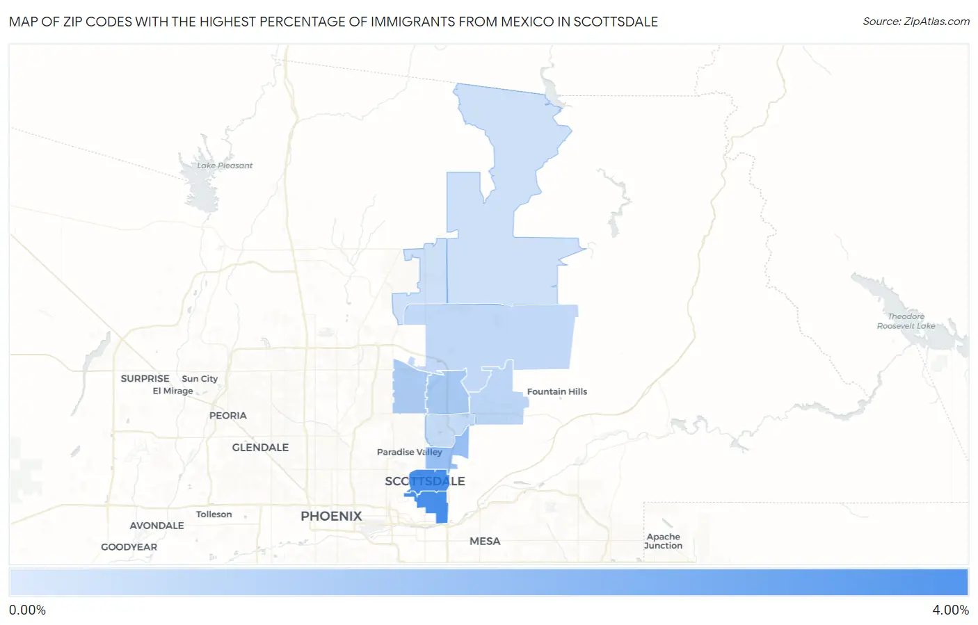 Zip Codes with the Highest Percentage of Immigrants from Mexico in Scottsdale Map