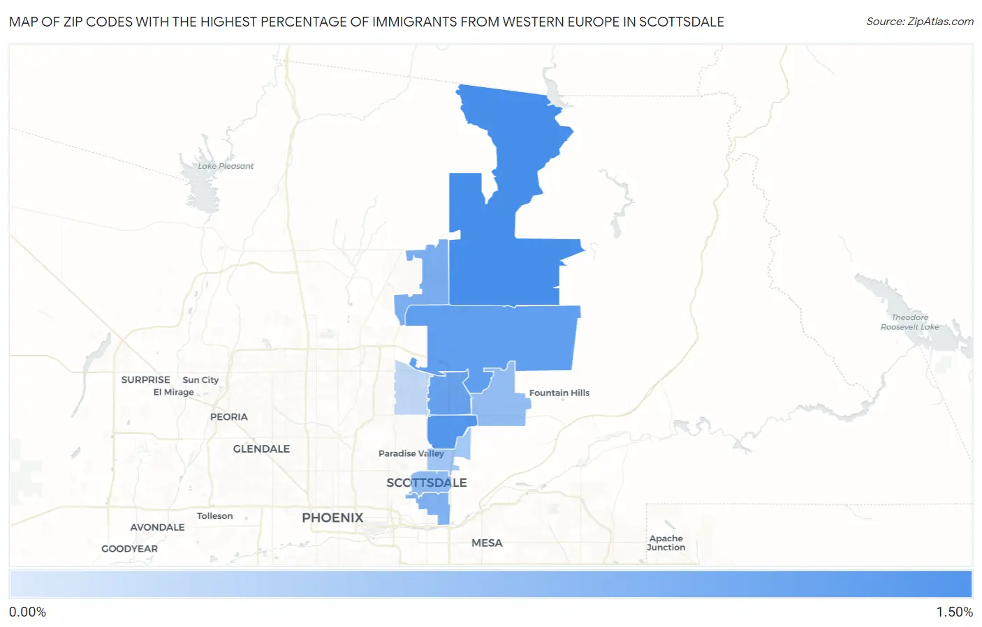Zip Codes with the Highest Percentage of Immigrants from Western Europe in Scottsdale Map