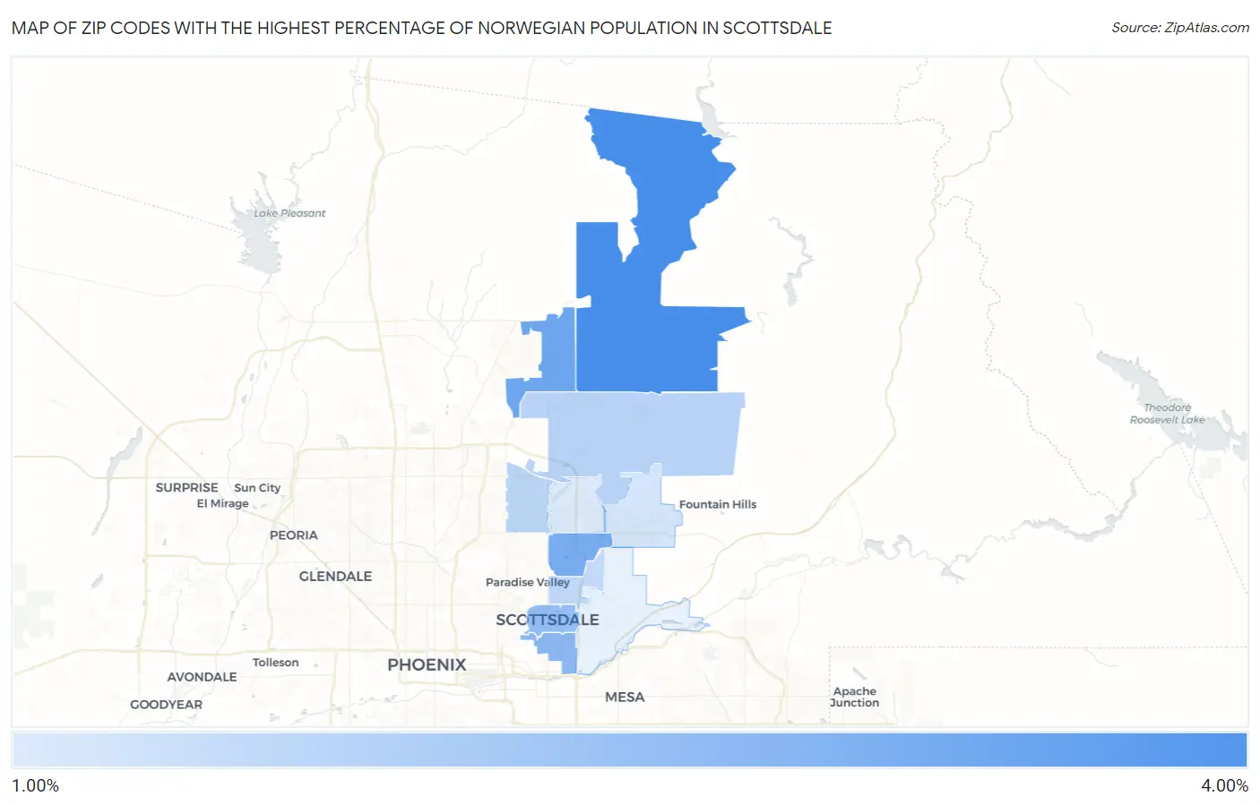 Zip Codes with the Highest Percentage of Norwegian Population in Scottsdale Map