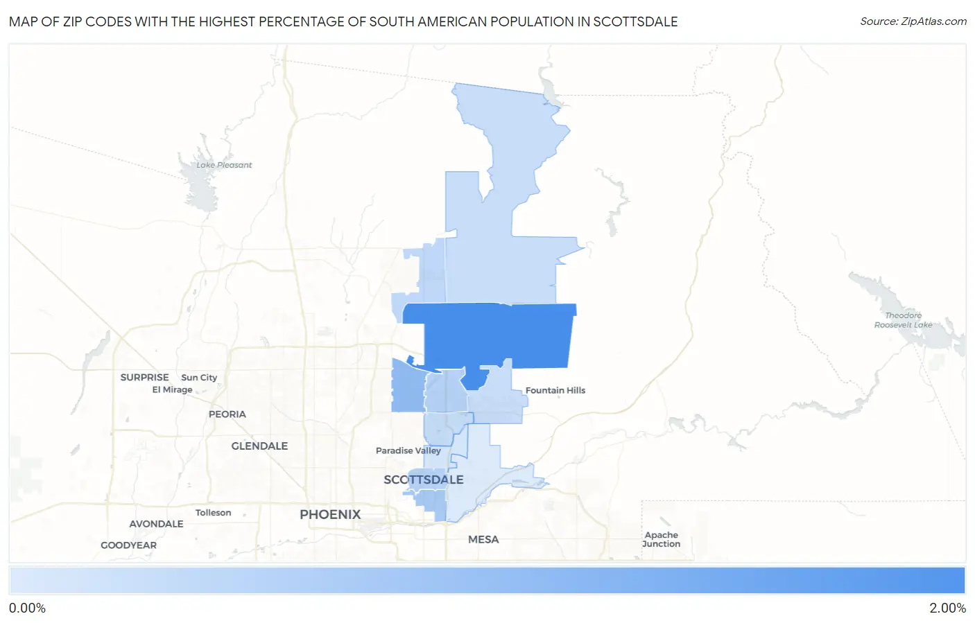 Zip Codes with the Highest Percentage of South American Population in Scottsdale Map
