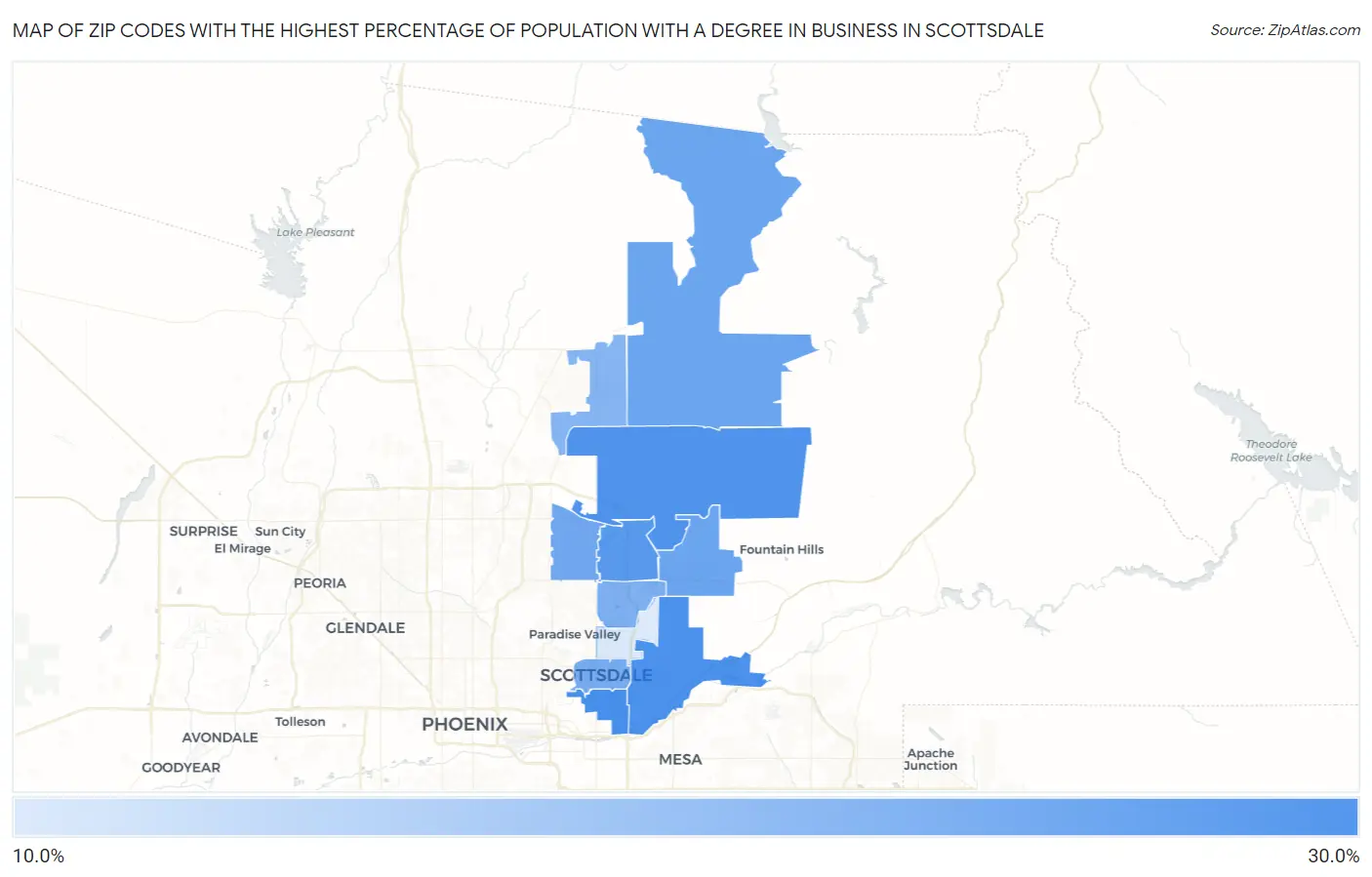 Zip Codes with the Highest Percentage of Population with a Degree in Business in Scottsdale Map