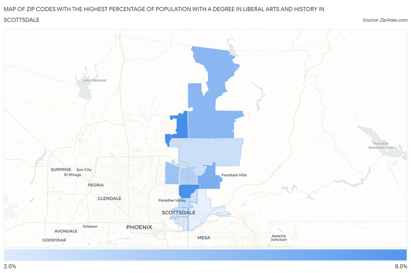 Zip Codes with the Highest Percentage of Population with a Degree in Liberal Arts and History in Scottsdale Map