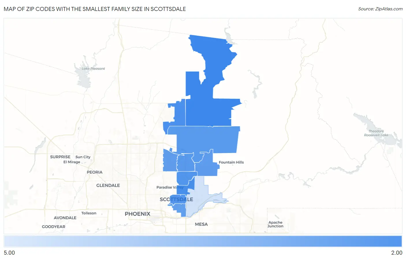 Zip Codes with the Smallest Family Size in Scottsdale Map