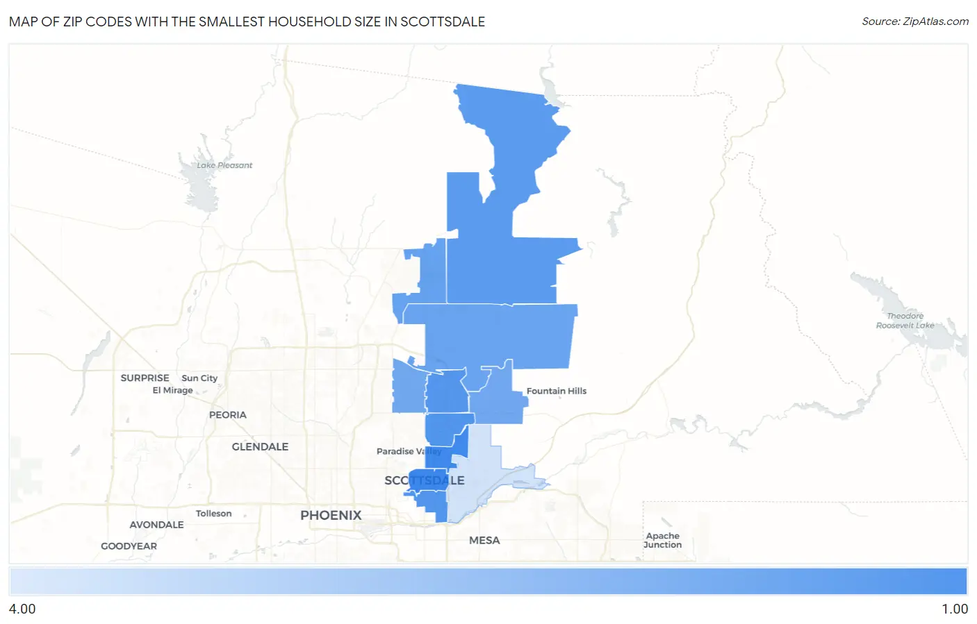 Zip Codes with the Smallest Household Size in Scottsdale Map
