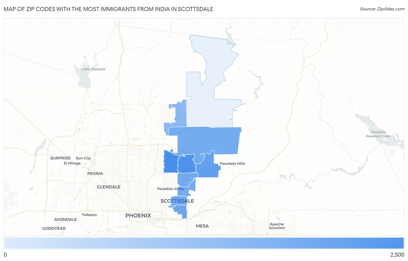 Zip Codes with the Most Immigrants from India in Scottsdale Map