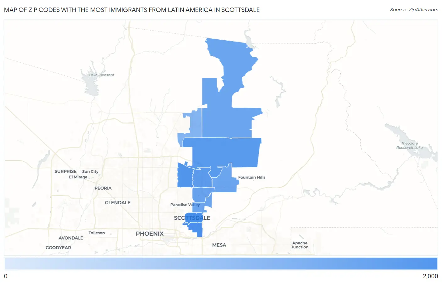 Zip Codes with the Most Immigrants from Latin America in Scottsdale Map