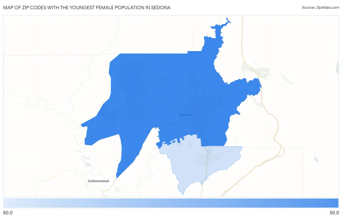 Zip Codes with the Youngest Female Population in Sedona Map