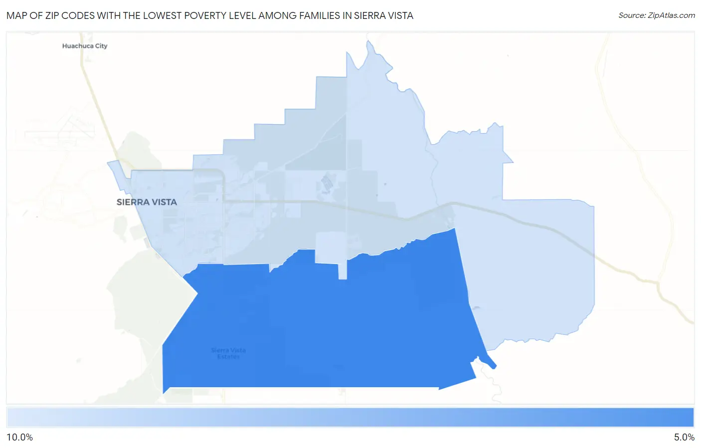 Zip Codes with the Lowest Poverty Level Among Families in Sierra Vista Map