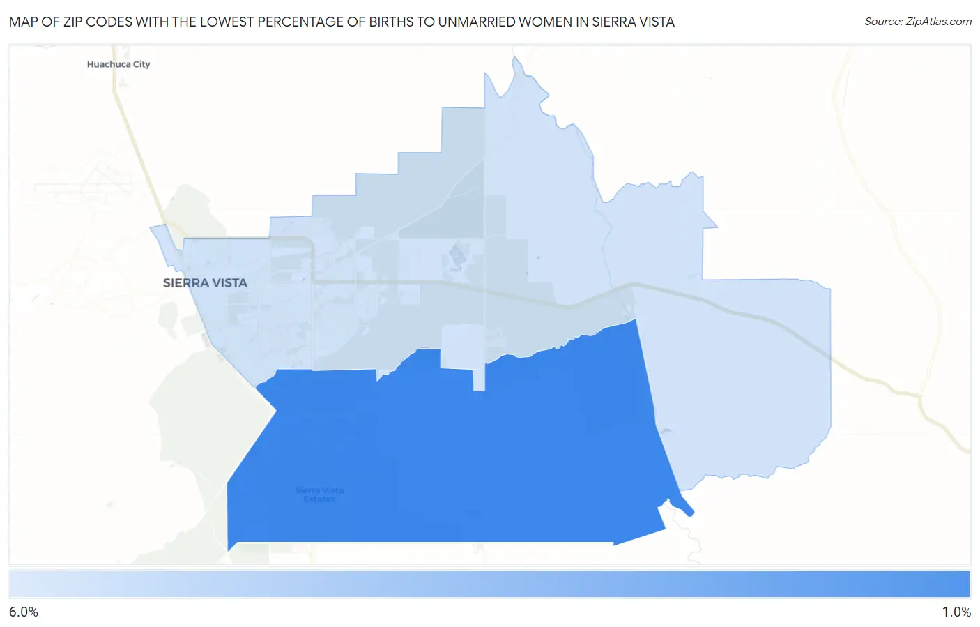 Zip Codes with the Lowest Percentage of Births to Unmarried Women in Sierra Vista Map
