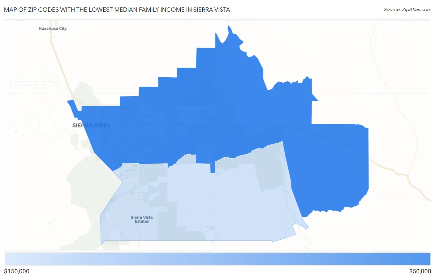 Zip Codes with the Lowest Median Family Income in Sierra Vista Map