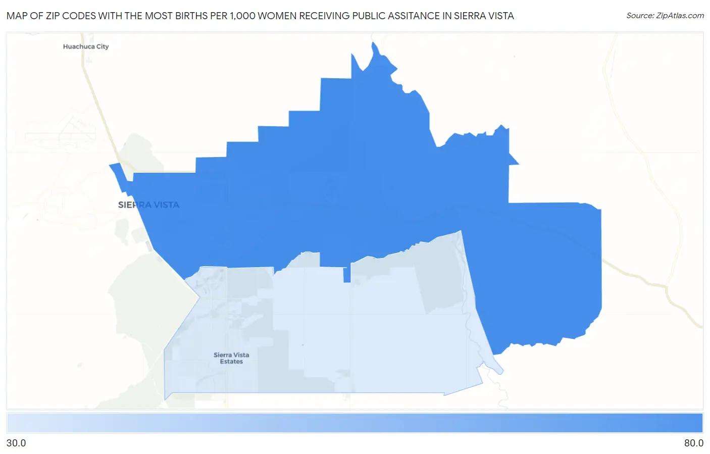 Zip Codes with the Most Births per 1,000 Women Receiving Public Assitance in Sierra Vista Map