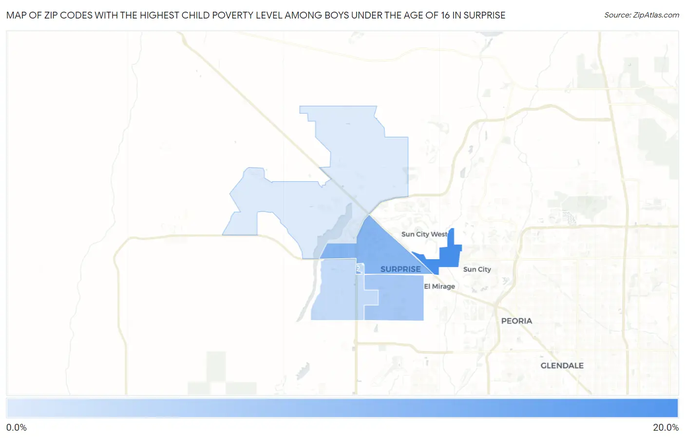 Zip Codes with the Highest Child Poverty Level Among Boys Under the Age of 16 in Surprise Map