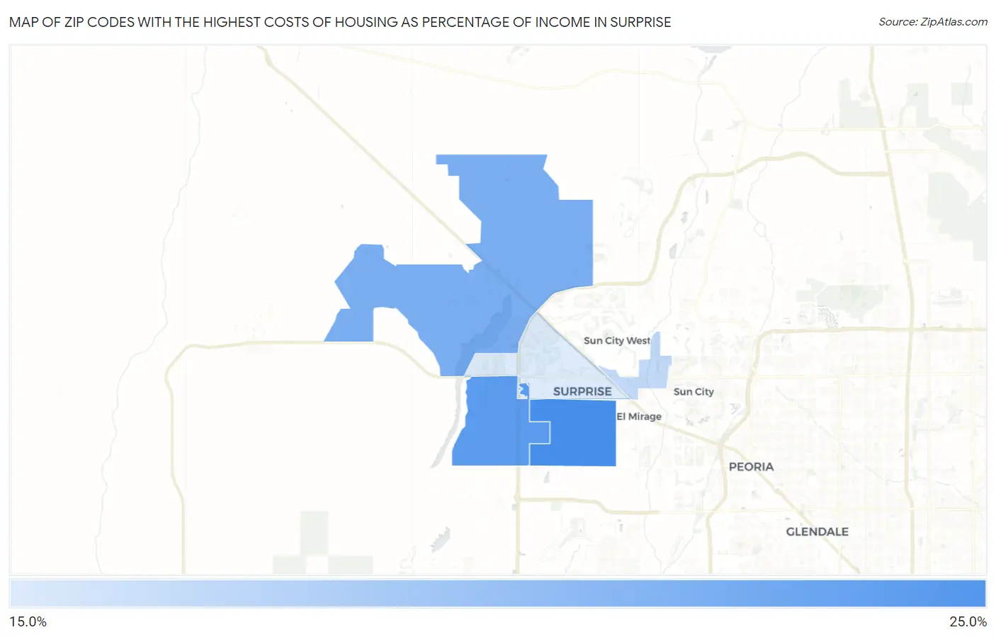 Zip Codes with the Highest Costs of Housing as Percentage of Income in Surprise Map
