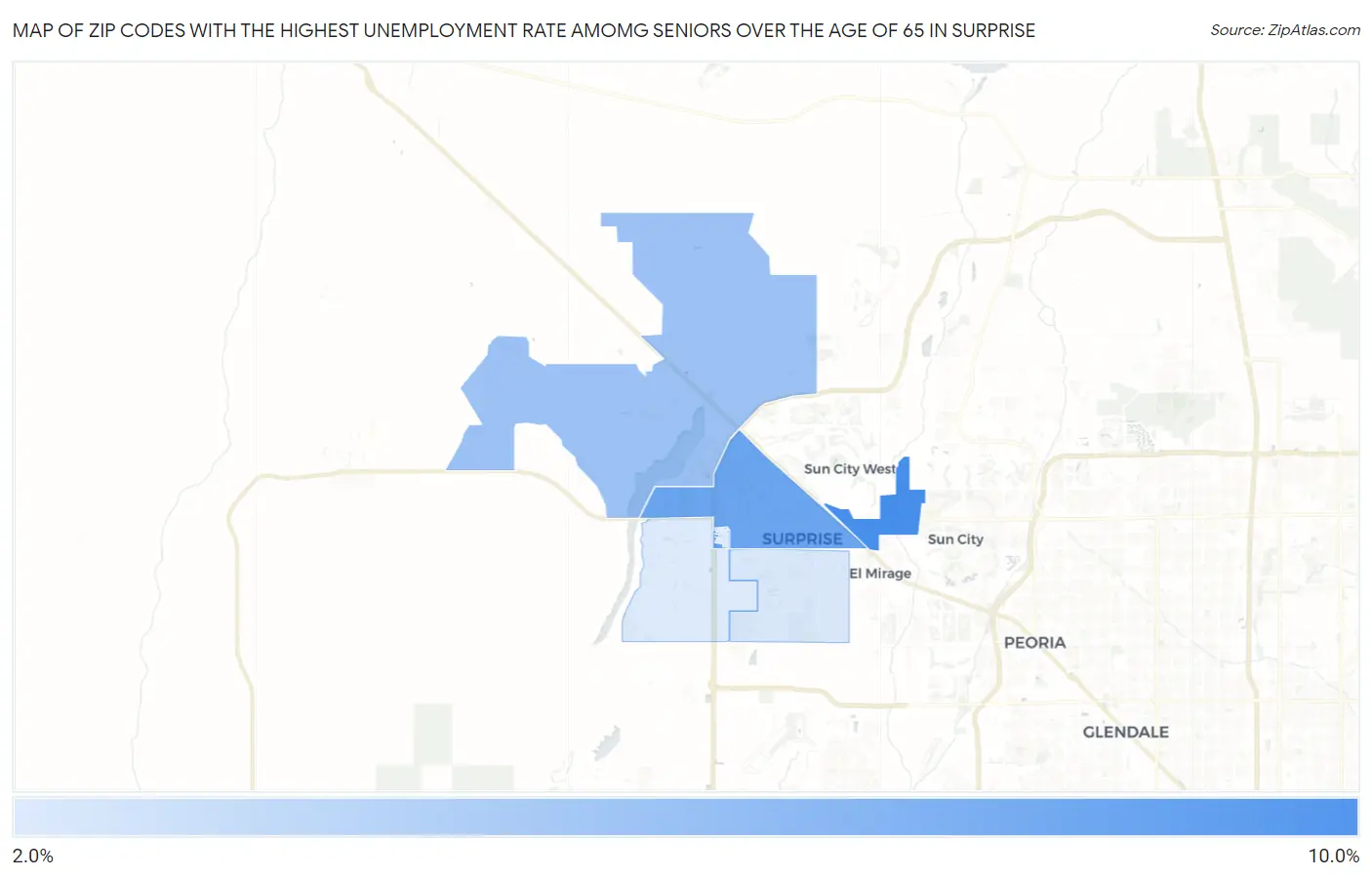 Zip Codes with the Highest Unemployment Rate Amomg Seniors Over the Age of 65 in Surprise Map