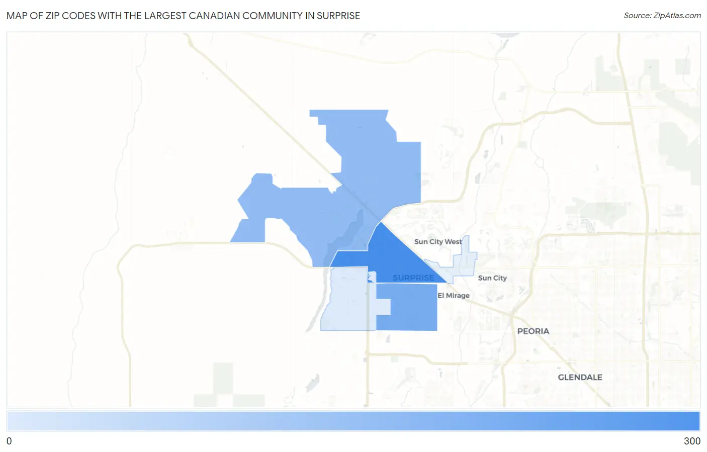 Zip Codes with the Largest Canadian Community in Surprise Map