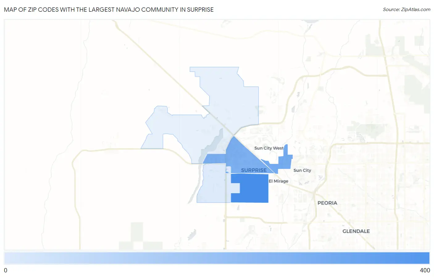 Zip Codes with the Largest Navajo Community in Surprise Map