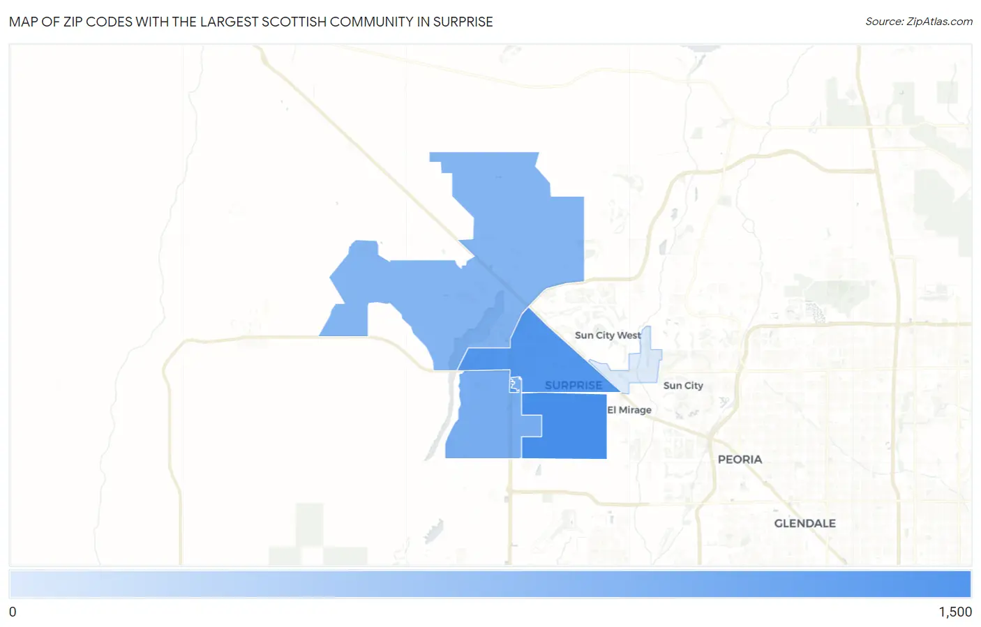 Zip Codes with the Largest Scottish Community in Surprise Map