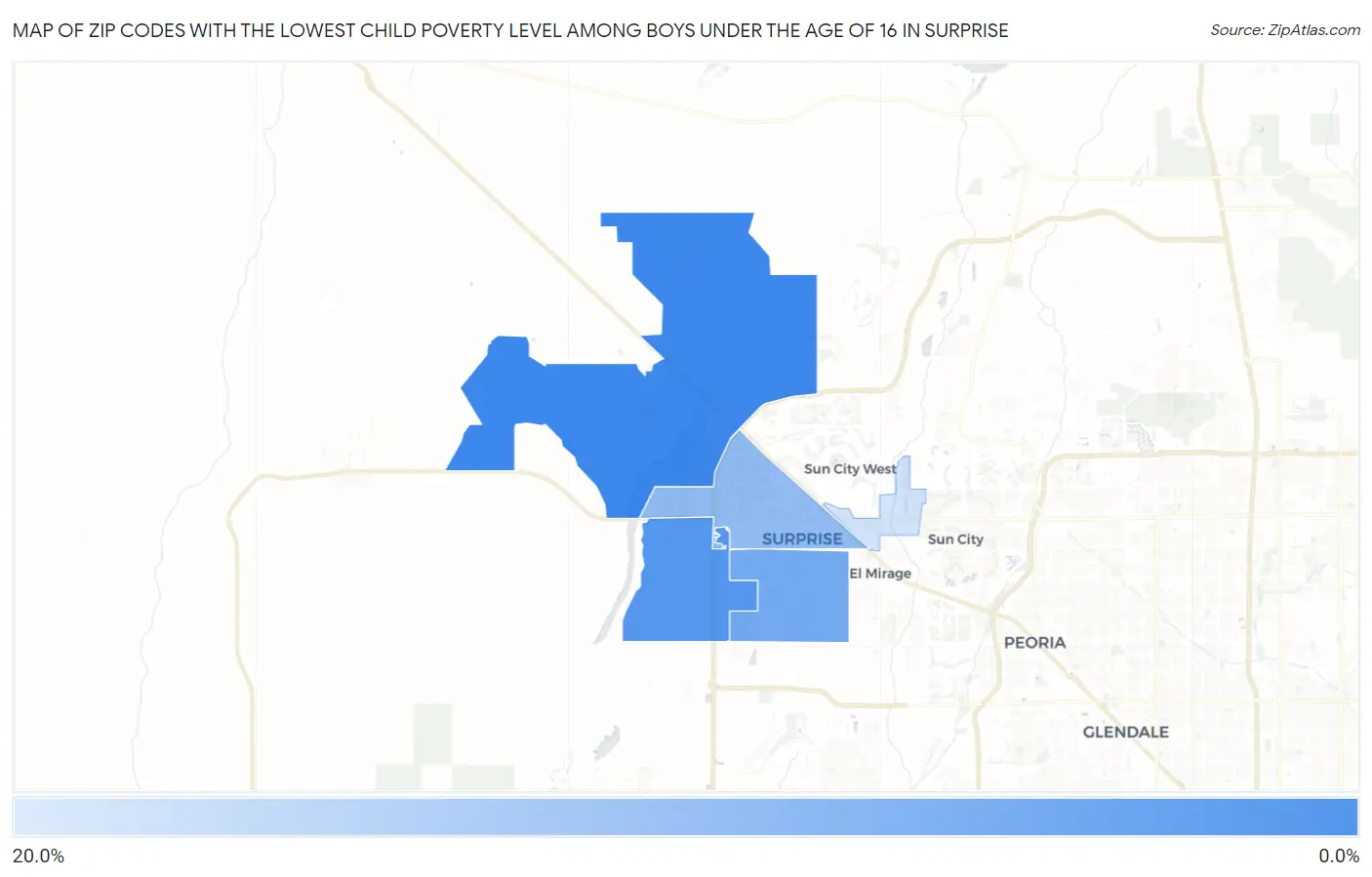 Zip Codes with the Lowest Child Poverty Level Among Boys Under the Age of 16 in Surprise Map