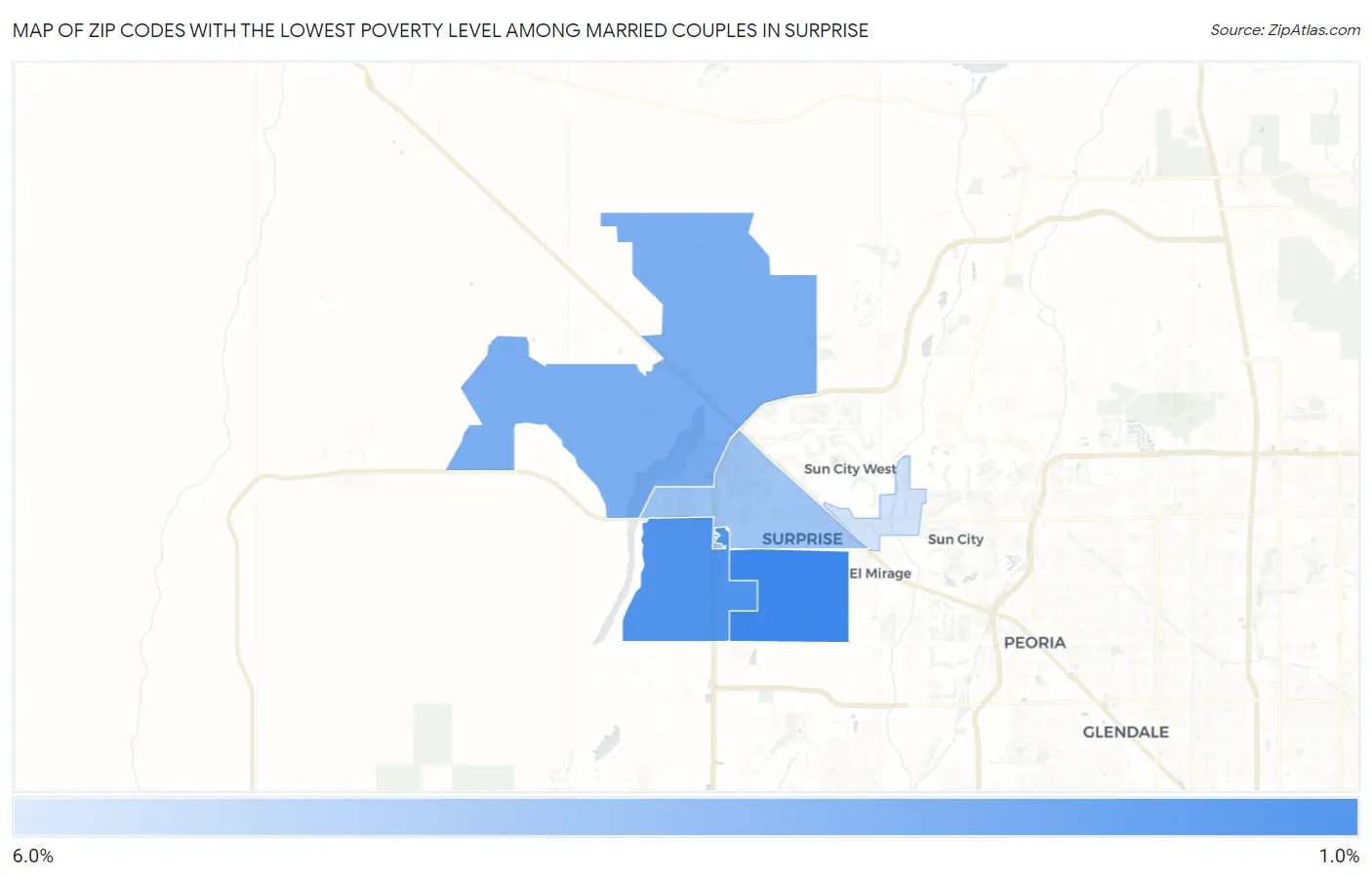 Zip Codes with the Lowest Poverty Level Among Married Couples in Surprise Map