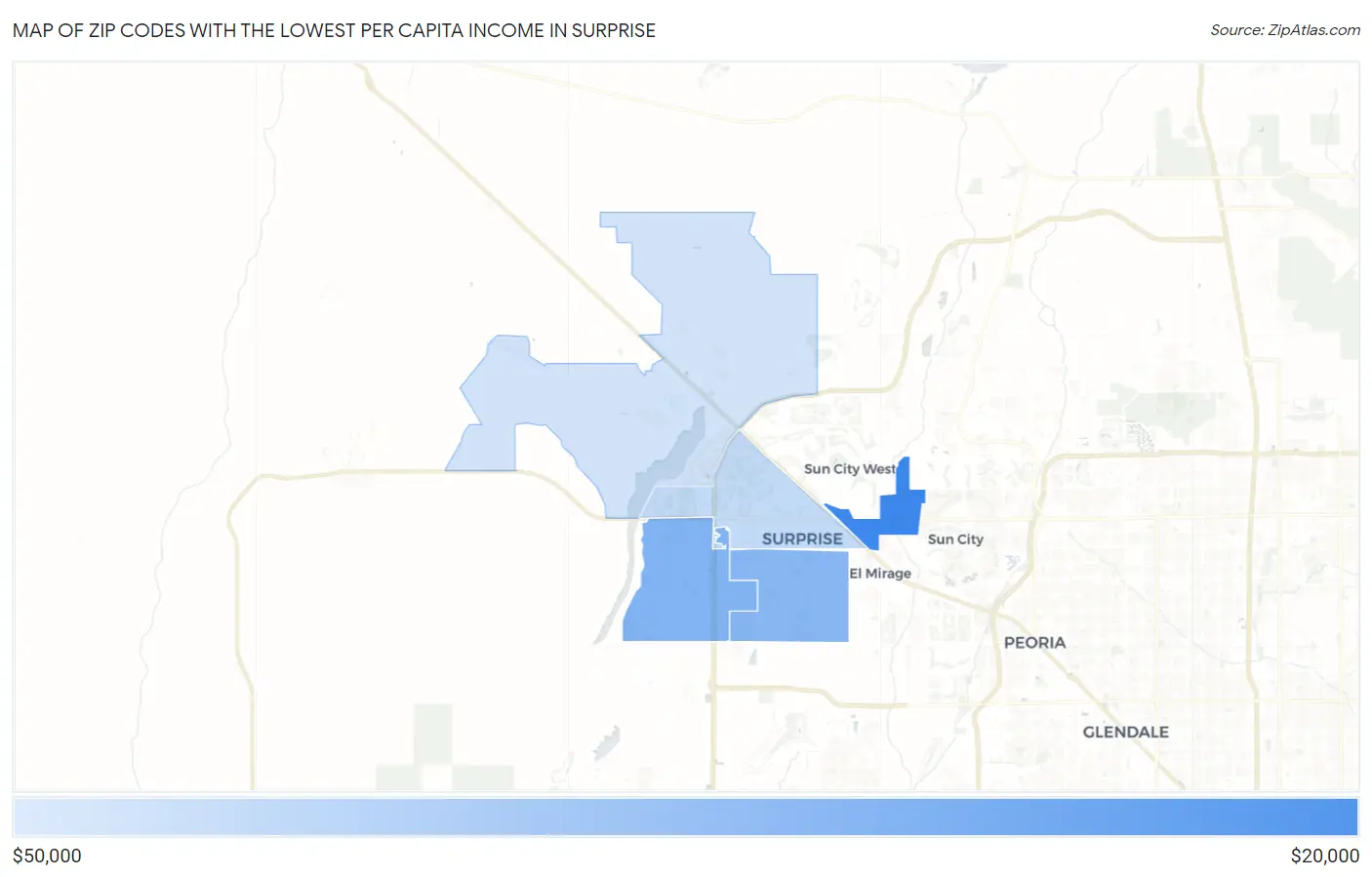 Zip Codes with the Lowest Per Capita Income in Surprise Map