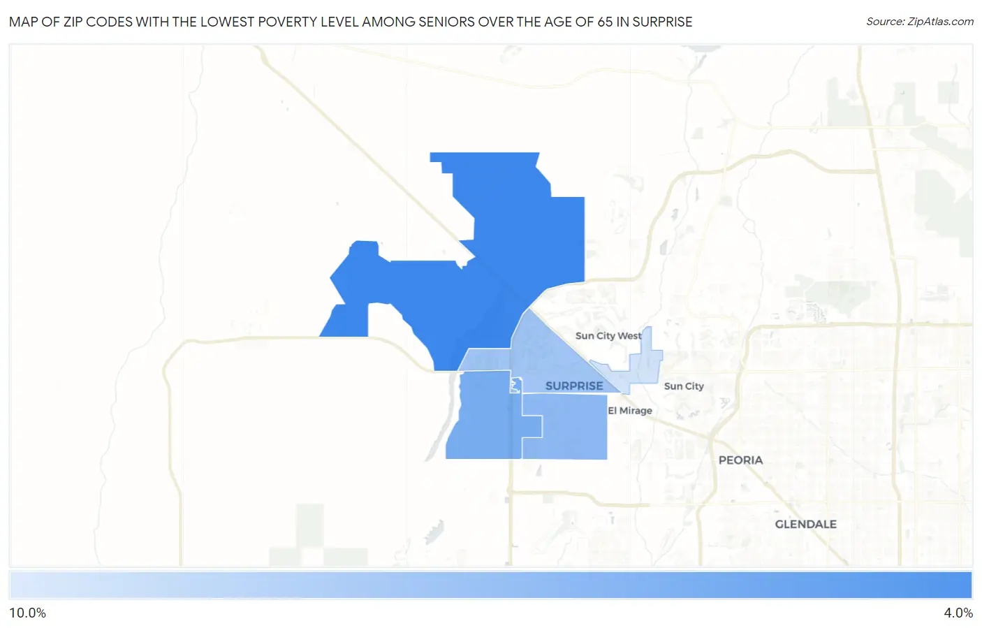 Zip Codes with the Lowest Poverty Level Among Seniors Over the Age of 65 in Surprise Map
