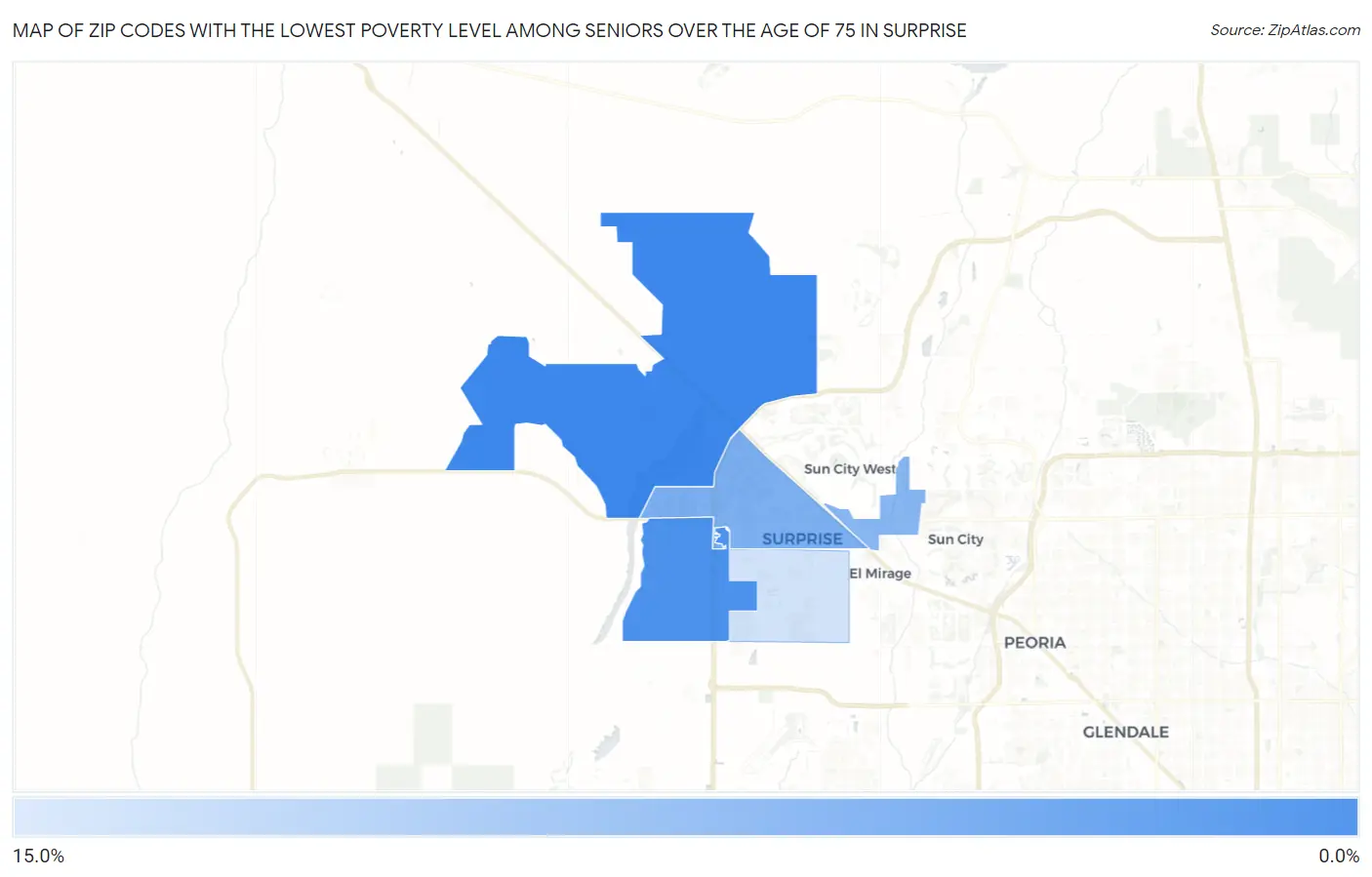 Zip Codes with the Lowest Poverty Level Among Seniors Over the Age of 75 in Surprise Map