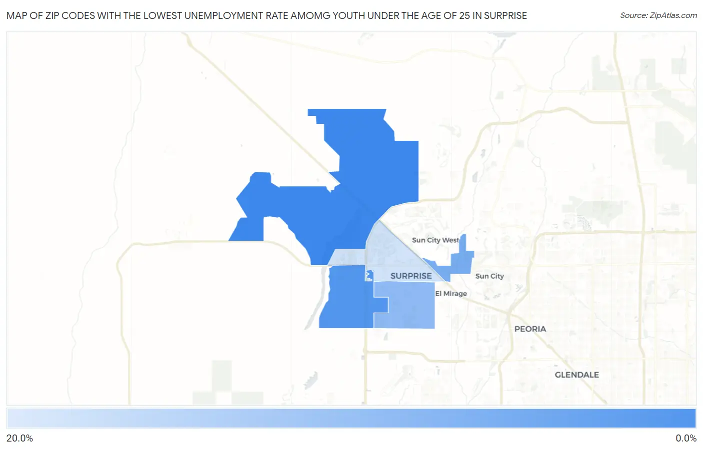 Zip Codes with the Lowest Unemployment Rate Amomg Youth Under the Age of 25 in Surprise Map