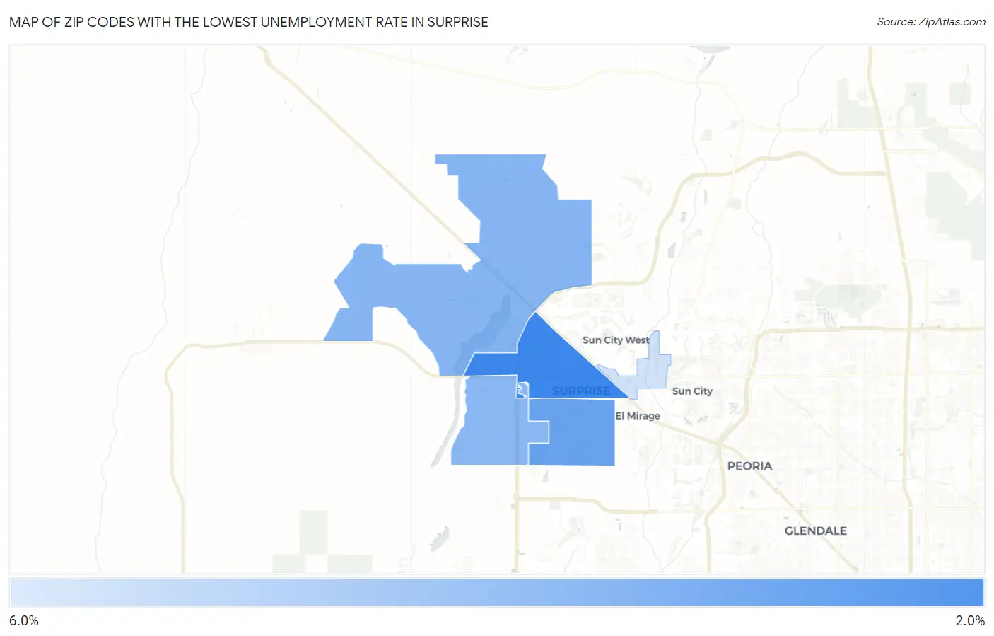 Zip Codes with the Lowest Unemployment Rate in Surprise Map