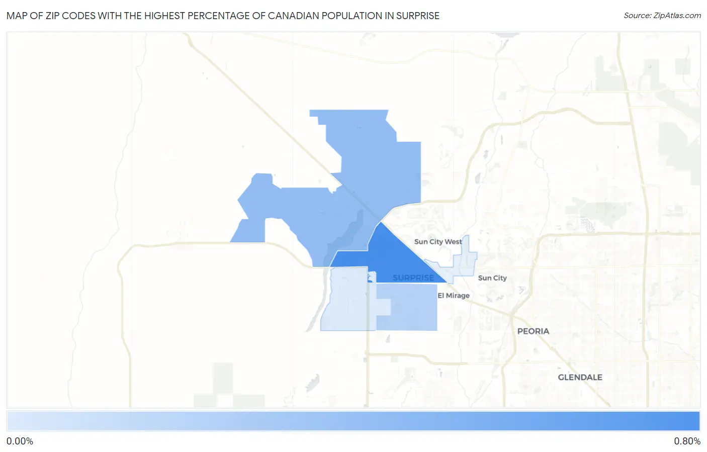 Zip Codes with the Highest Percentage of Canadian Population in Surprise Map