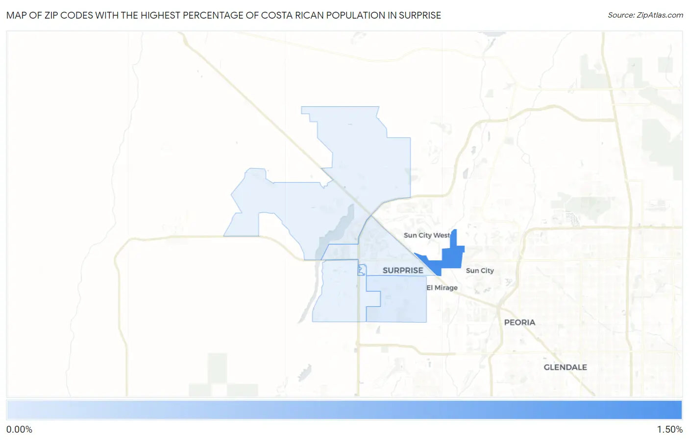 Zip Codes with the Highest Percentage of Costa Rican Population in Surprise Map