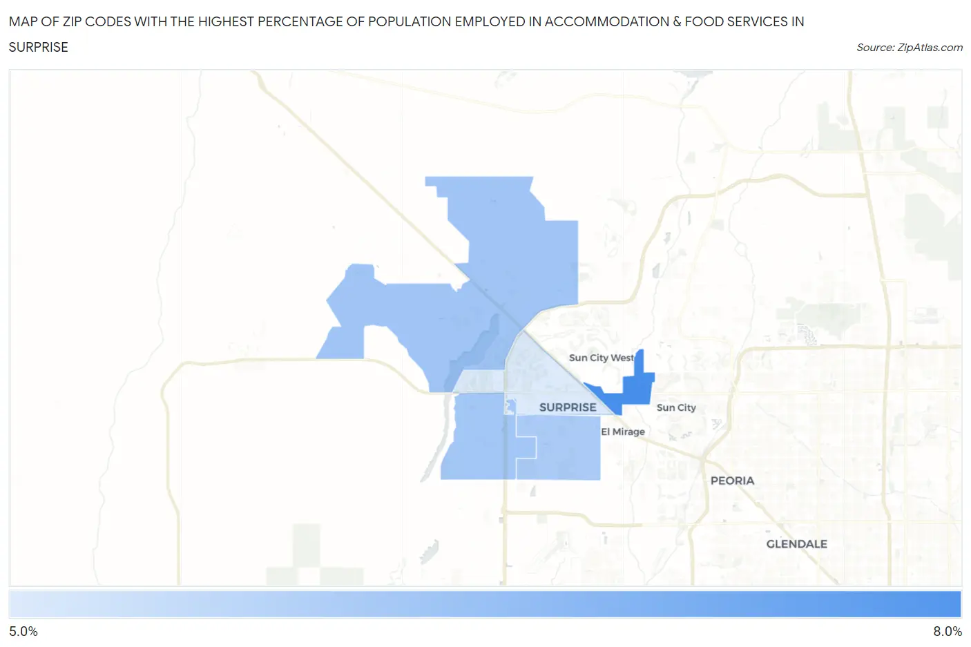 Zip Codes with the Highest Percentage of Population Employed in Accommodation & Food Services in Surprise Map