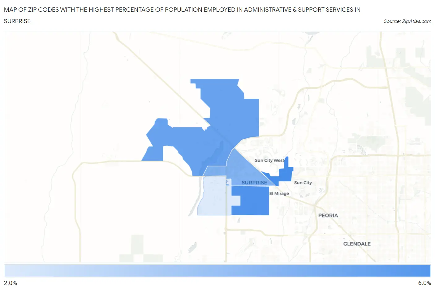 Zip Codes with the Highest Percentage of Population Employed in Administrative & Support Services in Surprise Map