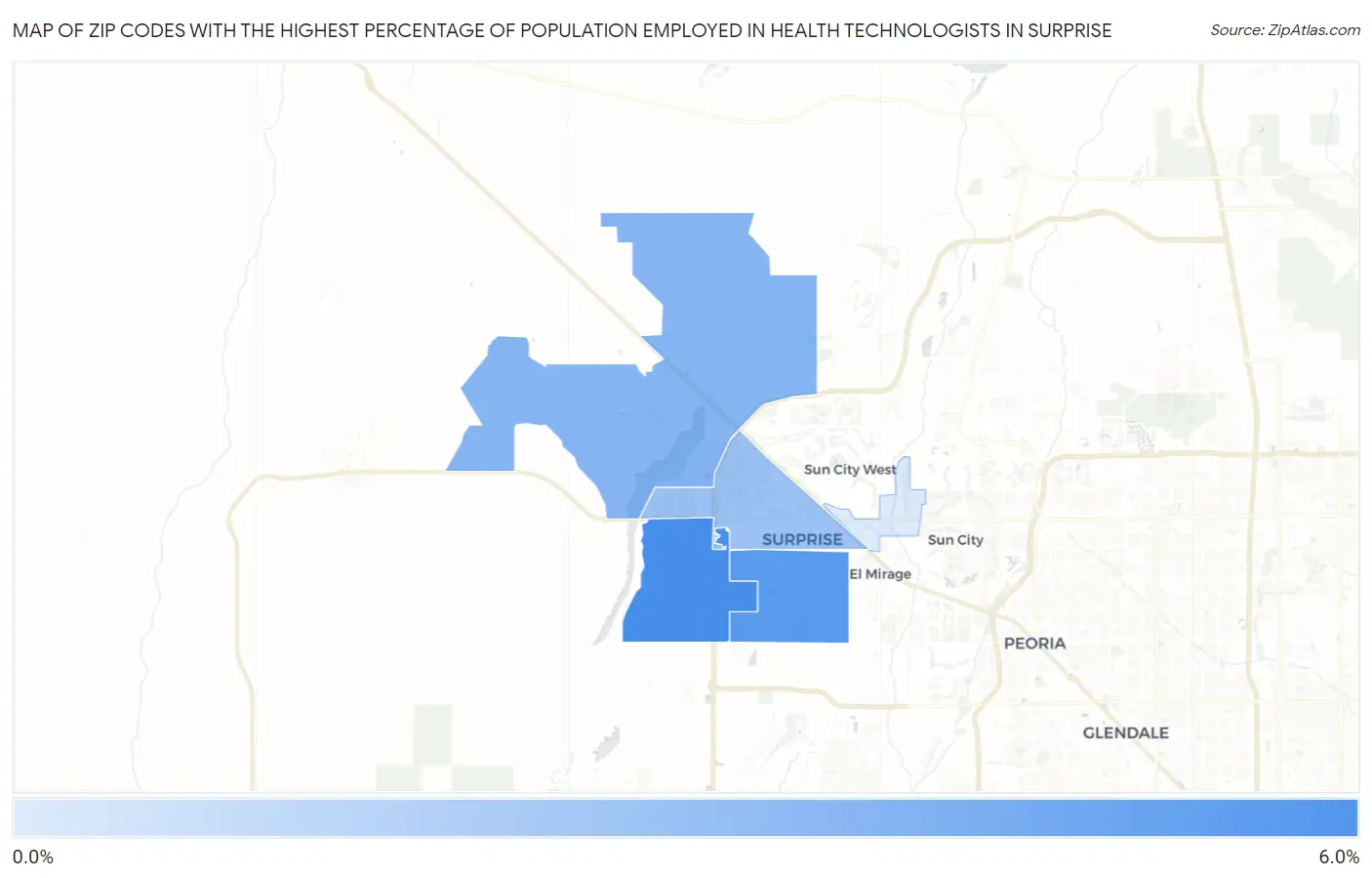 Zip Codes with the Highest Percentage of Population Employed in Health Technologists in Surprise Map