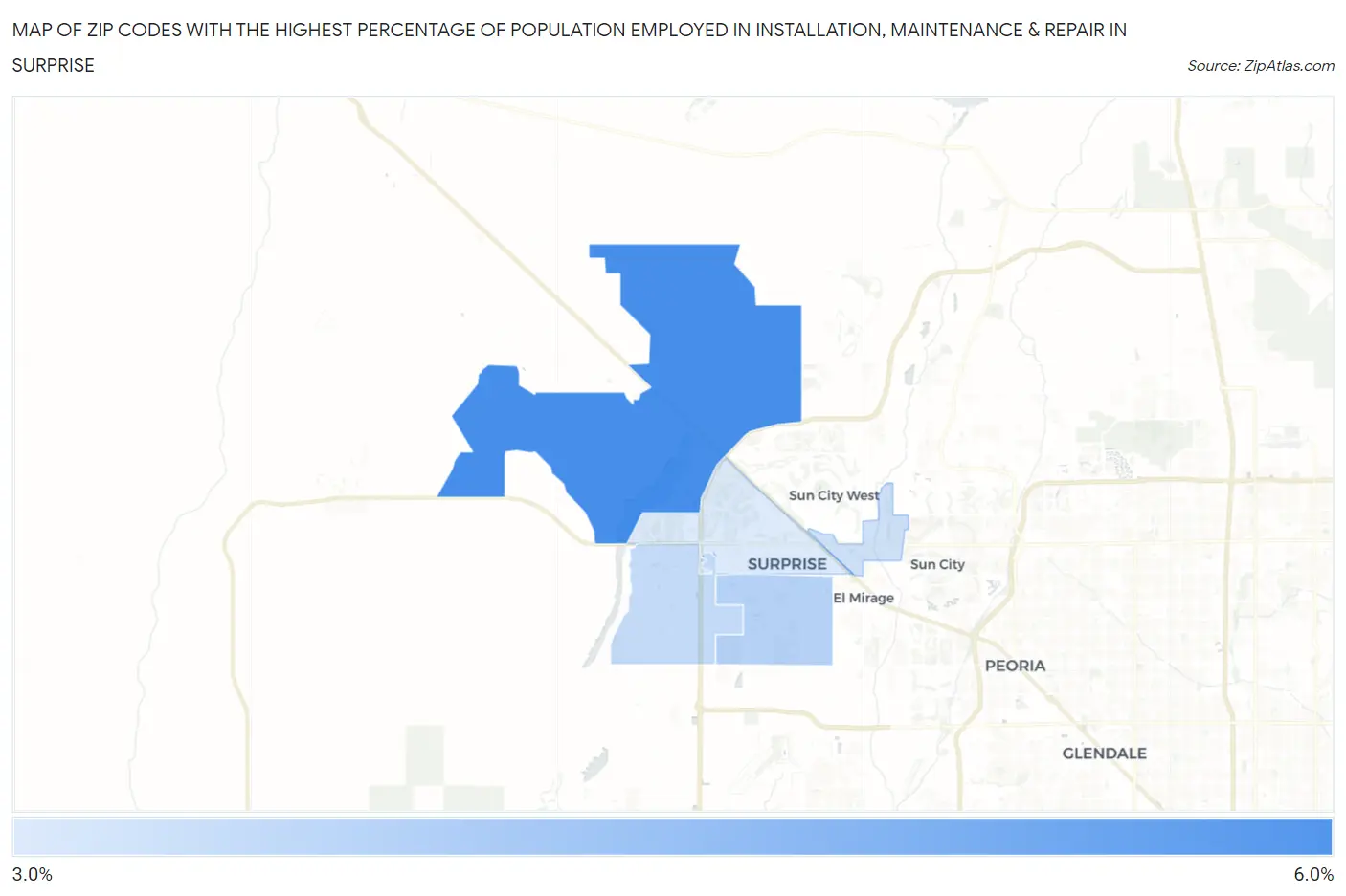 Zip Codes with the Highest Percentage of Population Employed in Installation, Maintenance & Repair in Surprise Map
