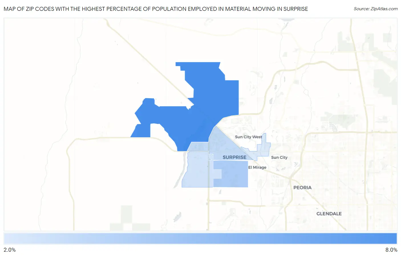 Zip Codes with the Highest Percentage of Population Employed in Material Moving in Surprise Map