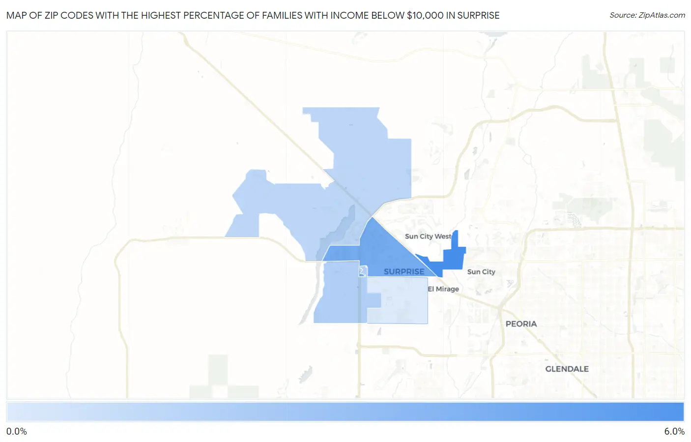 Zip Codes with the Highest Percentage of Families with Income Below $10,000 in Surprise Map