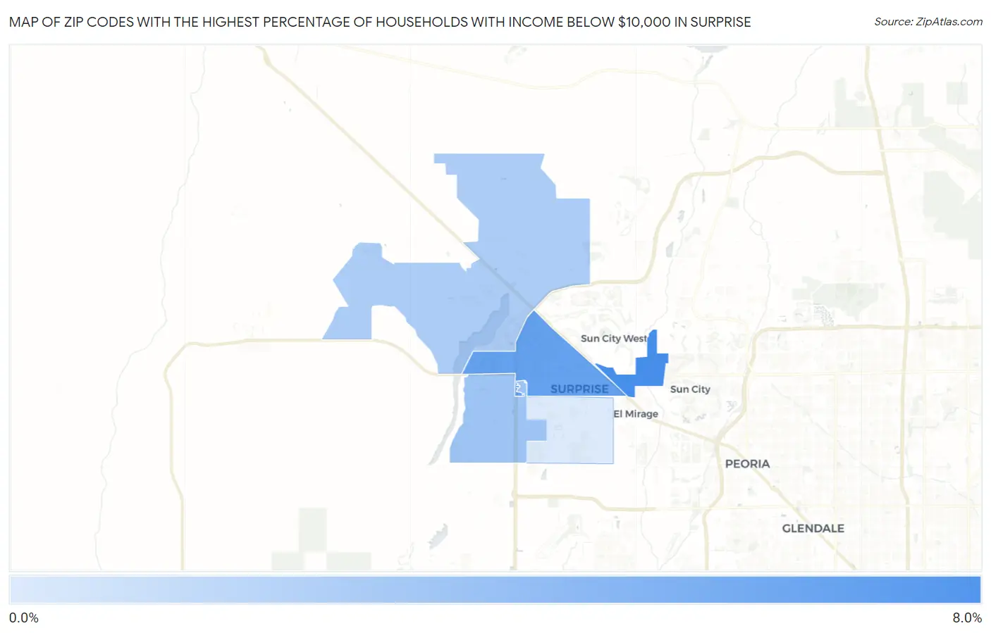 Zip Codes with the Highest Percentage of Households with Income Below $10,000 in Surprise Map