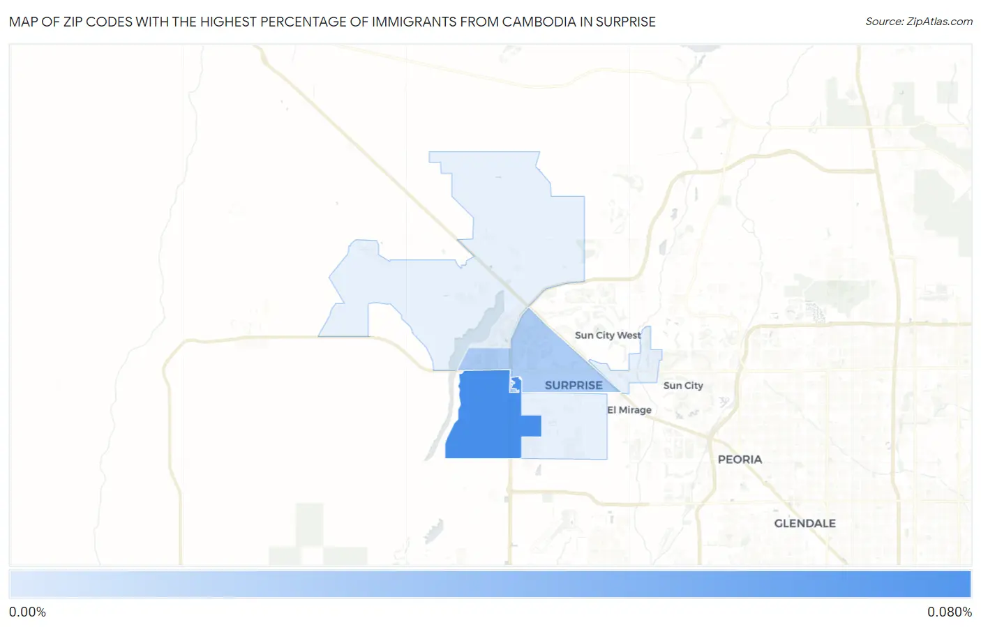 Zip Codes with the Highest Percentage of Immigrants from Cambodia in Surprise Map