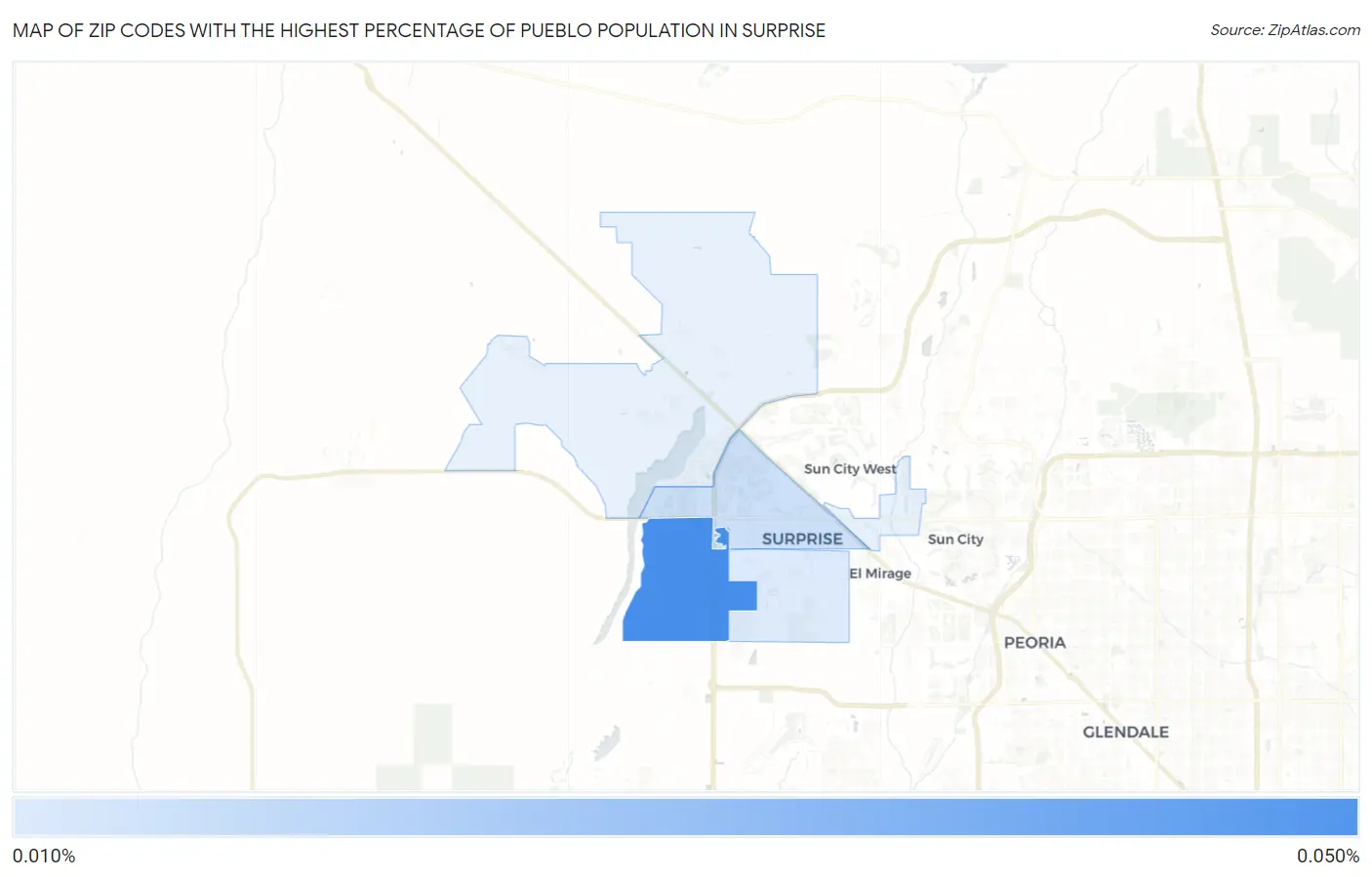 Zip Codes with the Highest Percentage of Pueblo Population in Surprise Map