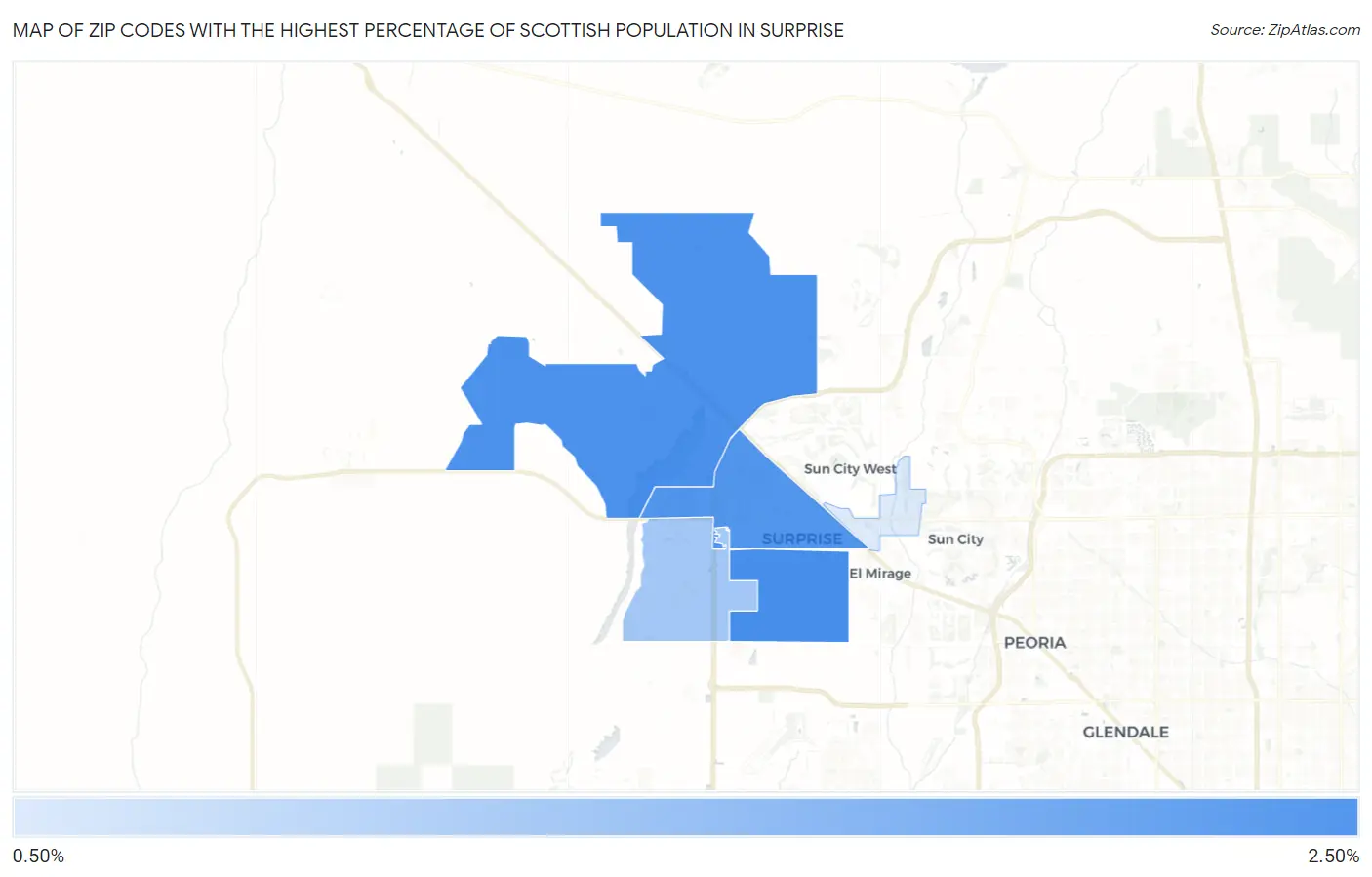 Zip Codes with the Highest Percentage of Scottish Population in Surprise Map