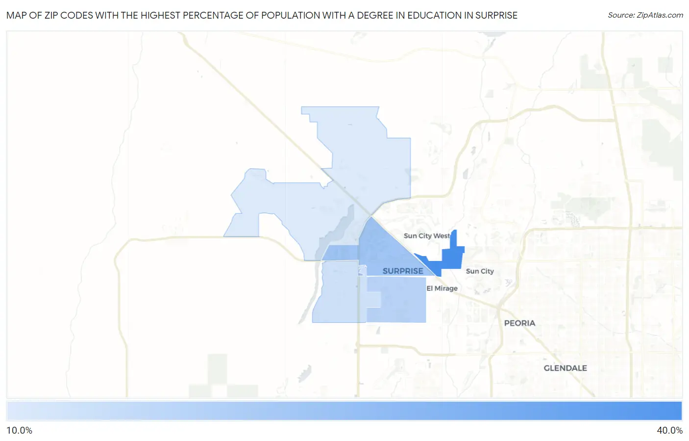 Zip Codes with the Highest Percentage of Population with a Degree in Education in Surprise Map