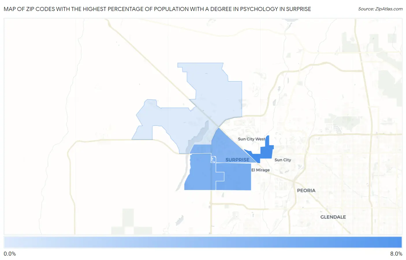 Zip Codes with the Highest Percentage of Population with a Degree in Psychology in Surprise Map