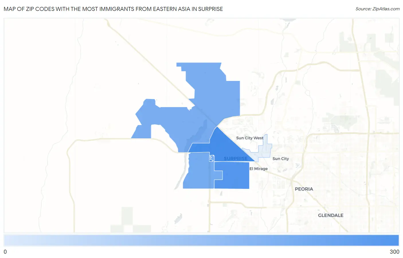 Zip Codes with the Most Immigrants from Eastern Asia in Surprise Map