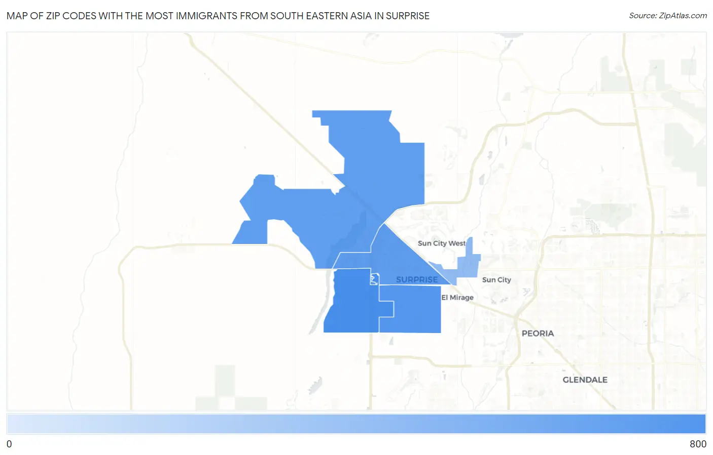 Zip Codes with the Most Immigrants from South Eastern Asia in Surprise Map