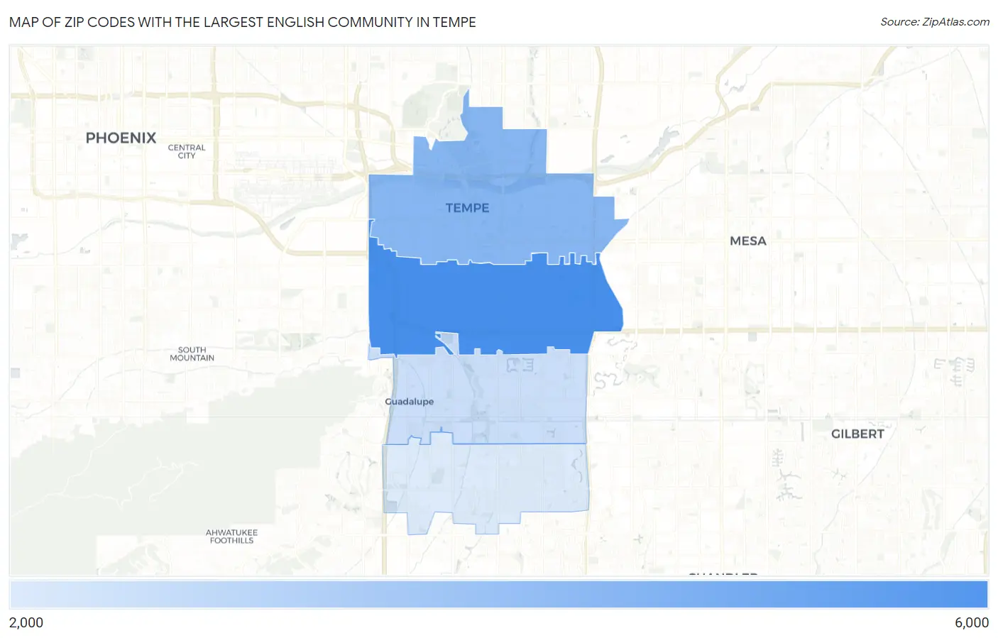 Zip Codes with the Largest English Community in Tempe Map