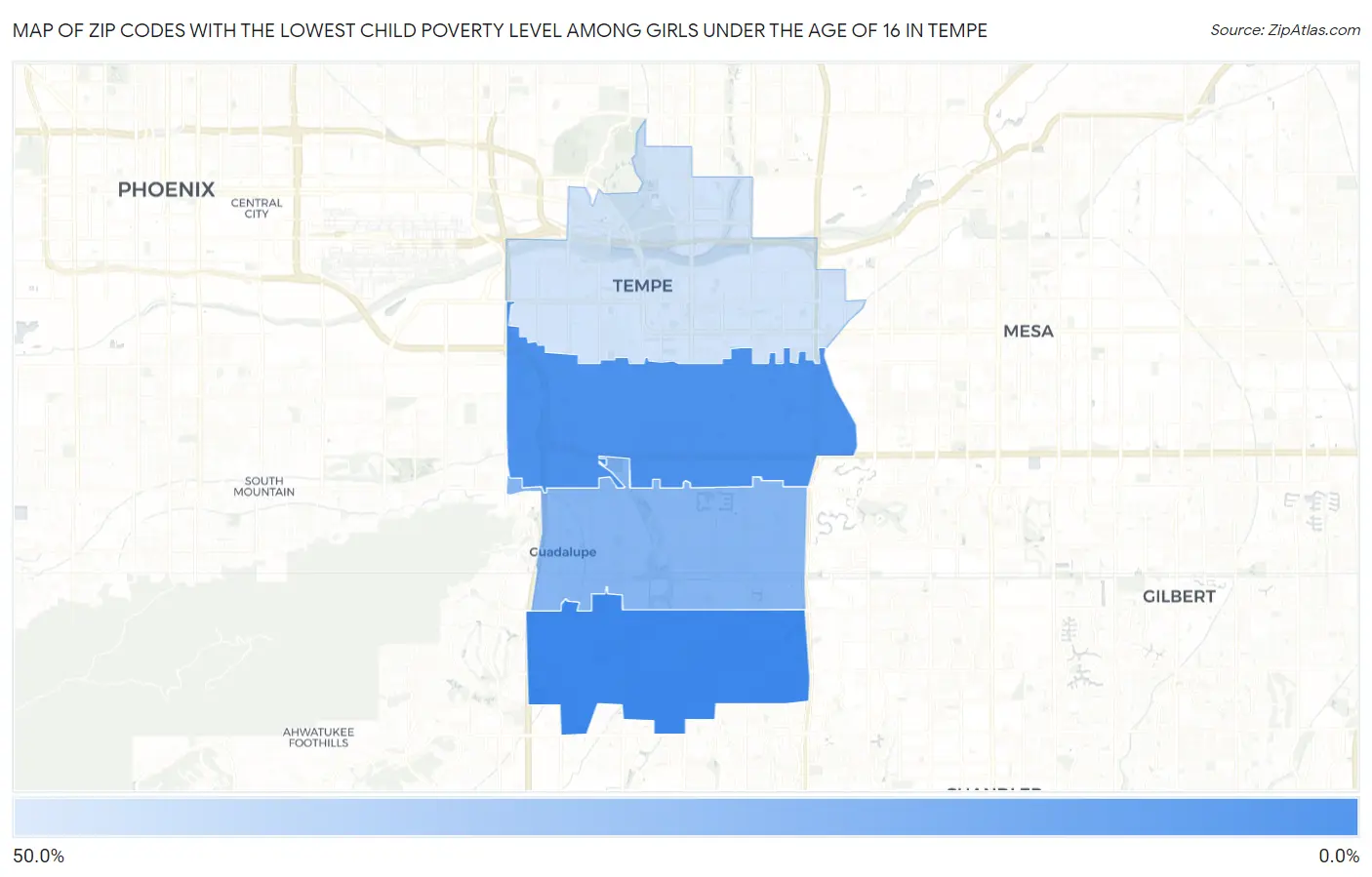 Zip Codes with the Lowest Child Poverty Level Among Girls Under the Age of 16 in Tempe Map