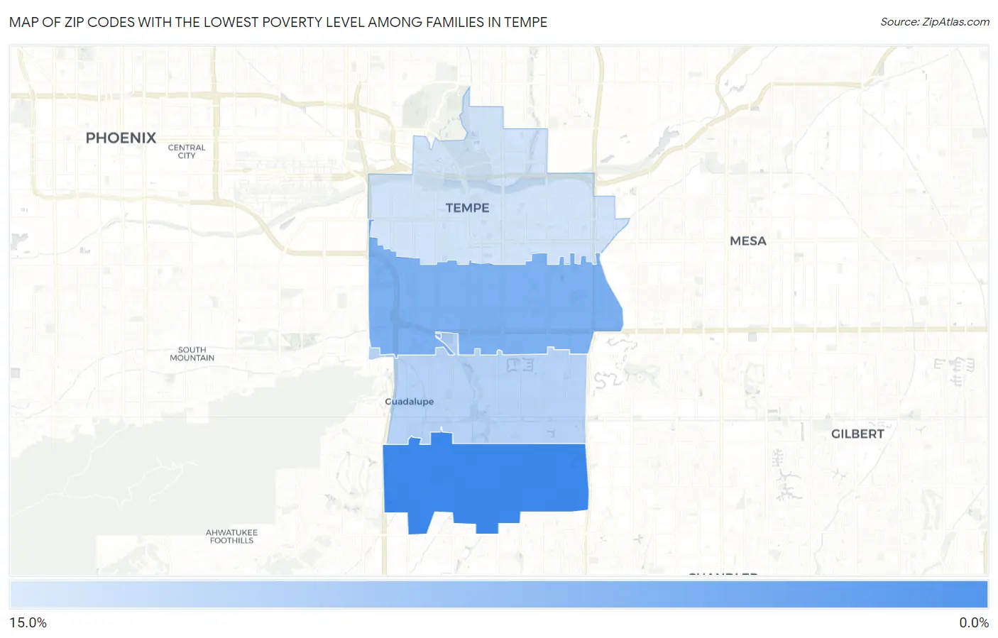 Zip Codes with the Lowest Poverty Level Among Families in Tempe Map