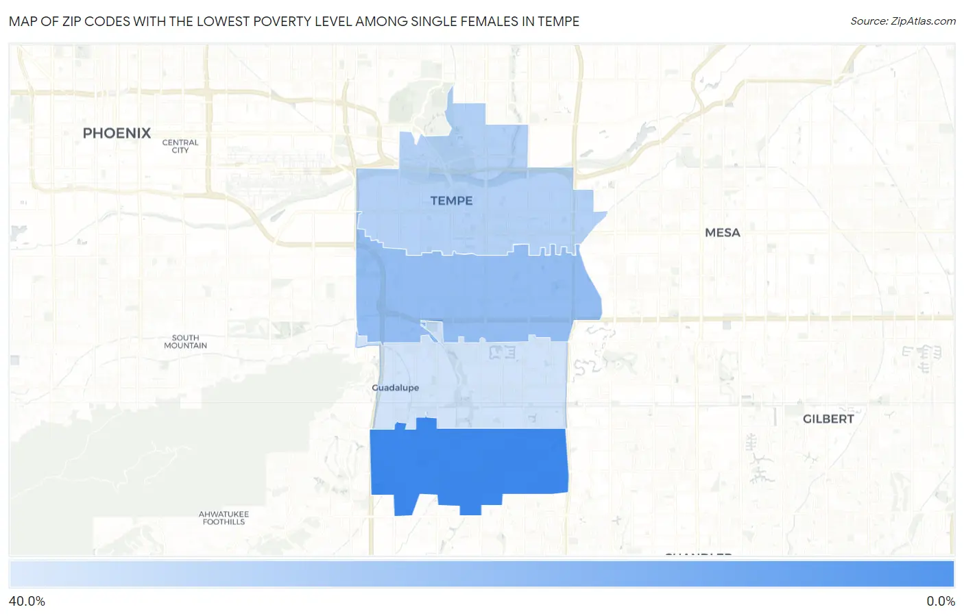 Zip Codes with the Lowest Poverty Level Among Single Females in Tempe Map
