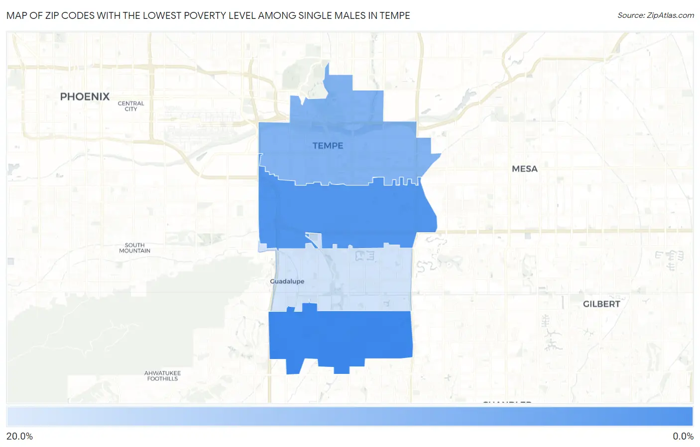 Zip Codes with the Lowest Poverty Level Among Single Males in Tempe Map