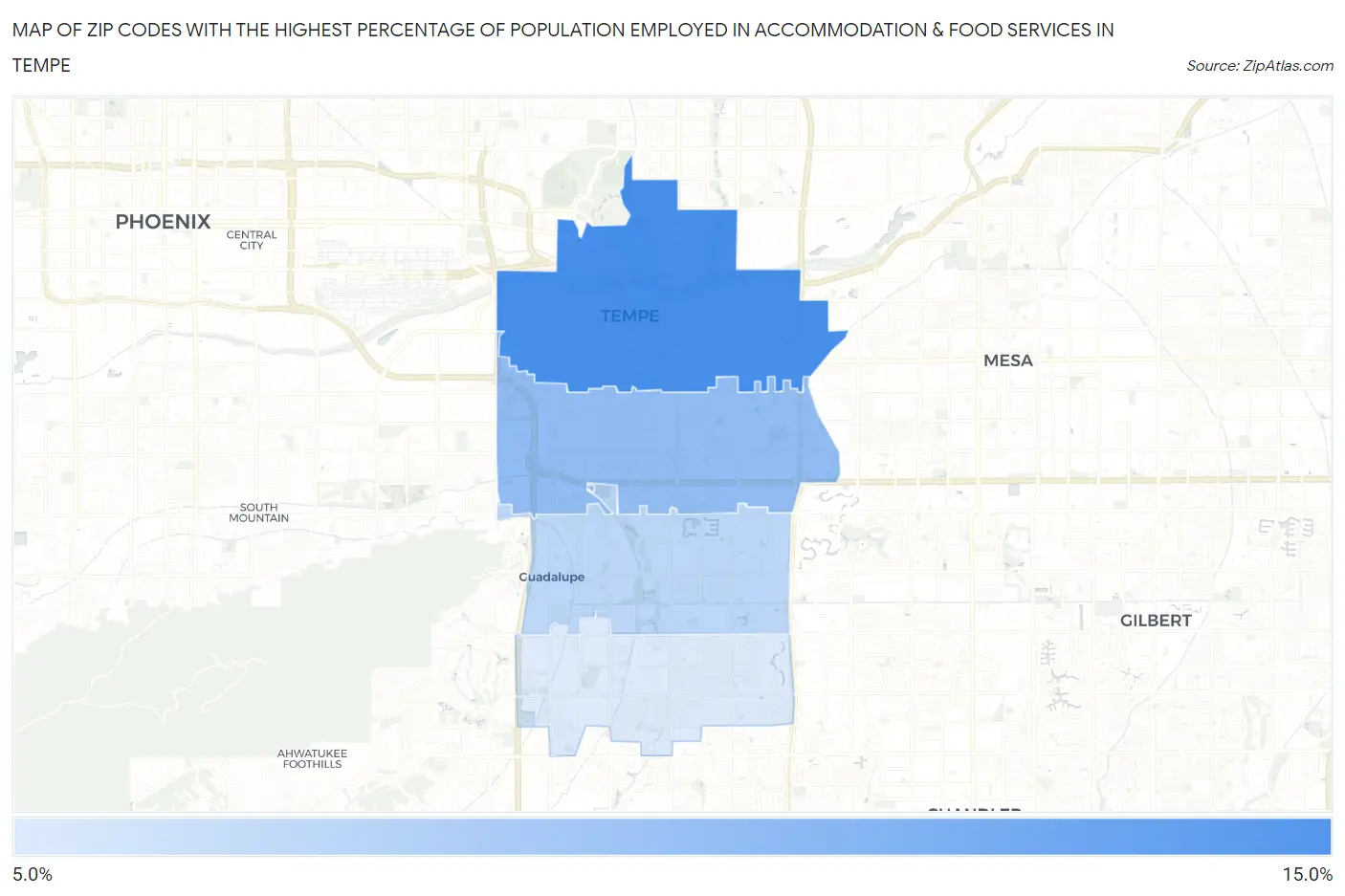 Zip Codes with the Highest Percentage of Population Employed in Accommodation & Food Services in Tempe Map